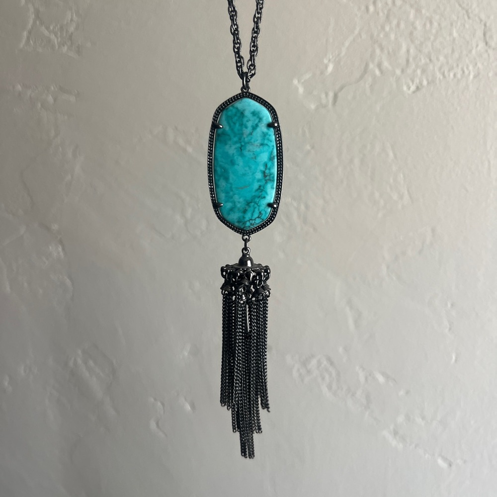 Kendra Scott Rayne Stone Tassel Pendant Necklace in Turquoise/Gunmetal